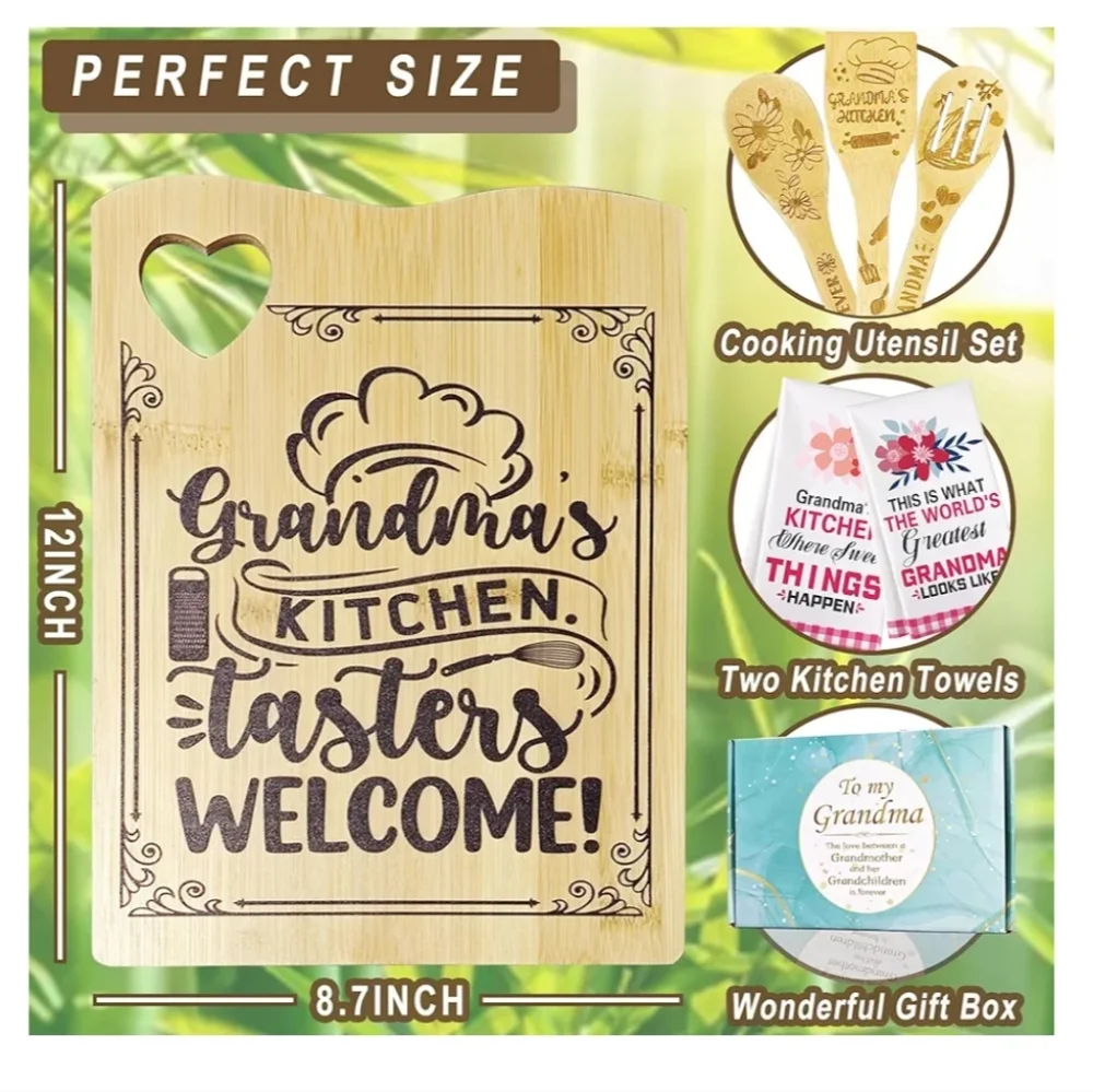 Gift for Grandma Cutting Board with Towels and Utensils - NIB